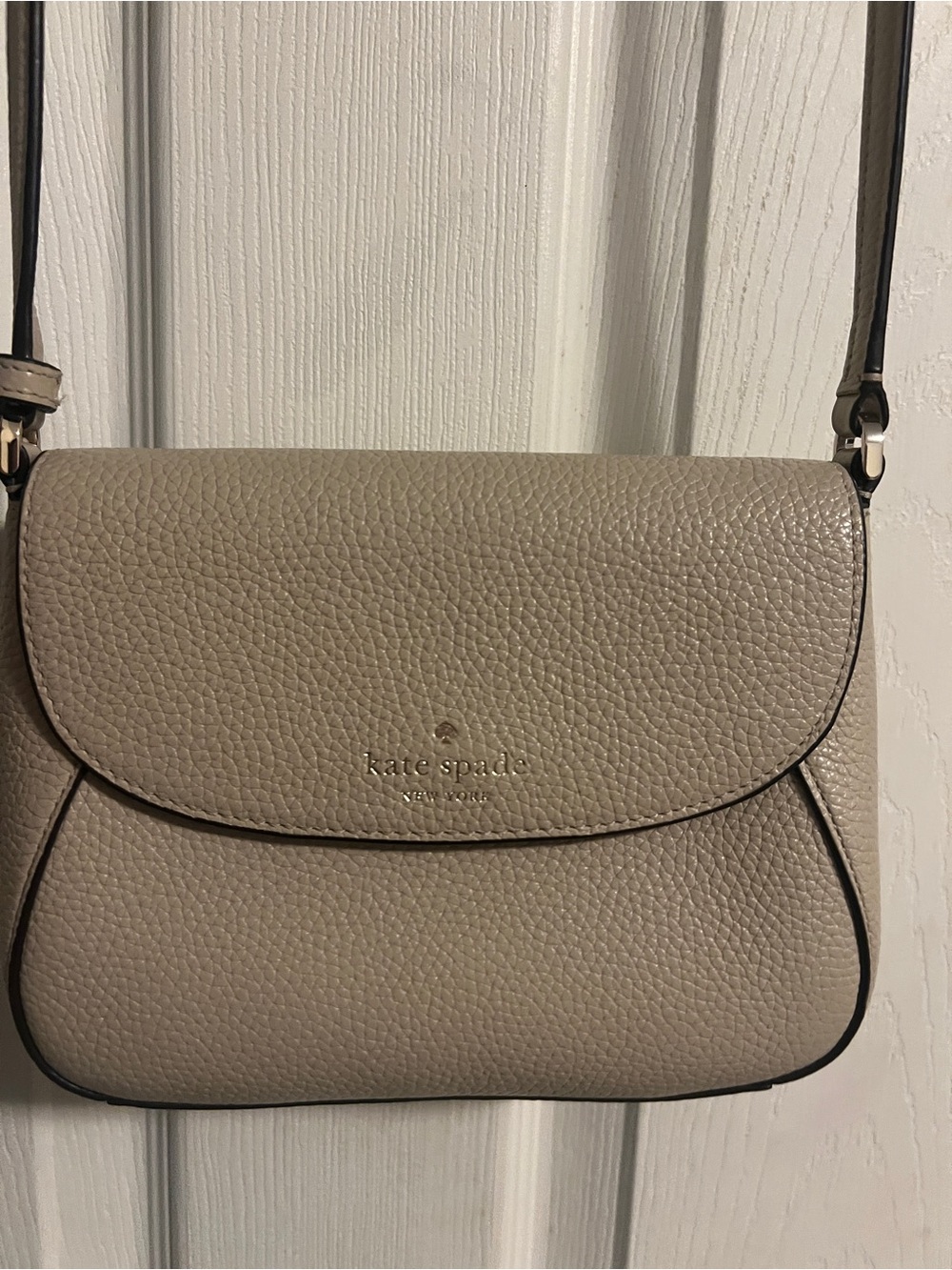 kate spade Taupe Pebbled Leather Crossbody with Gold Logo